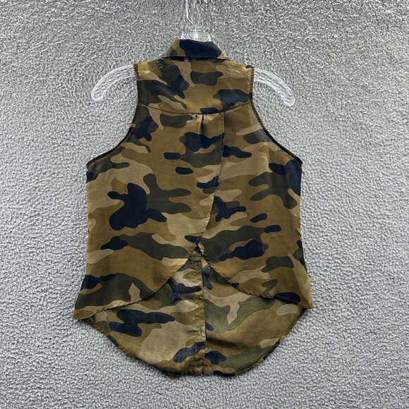 Body Central Womens Top Medium Green Camo Sleeveless Button Front Shirt Blouse - Picture 2 of 10